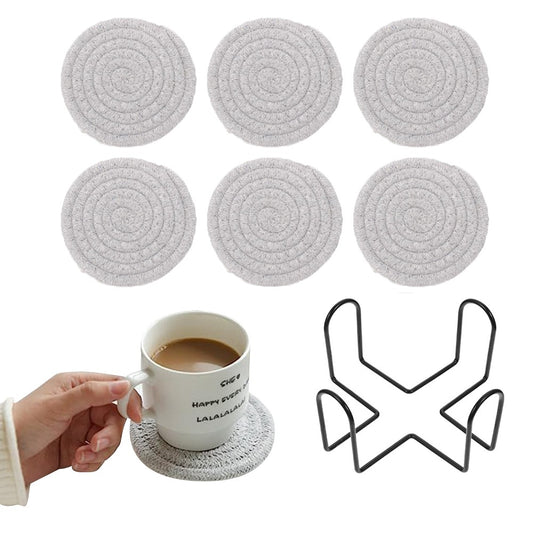 6Pcs Braided Drink Coasters Absorbent Coffee Cup Mats with Holder Light Grey