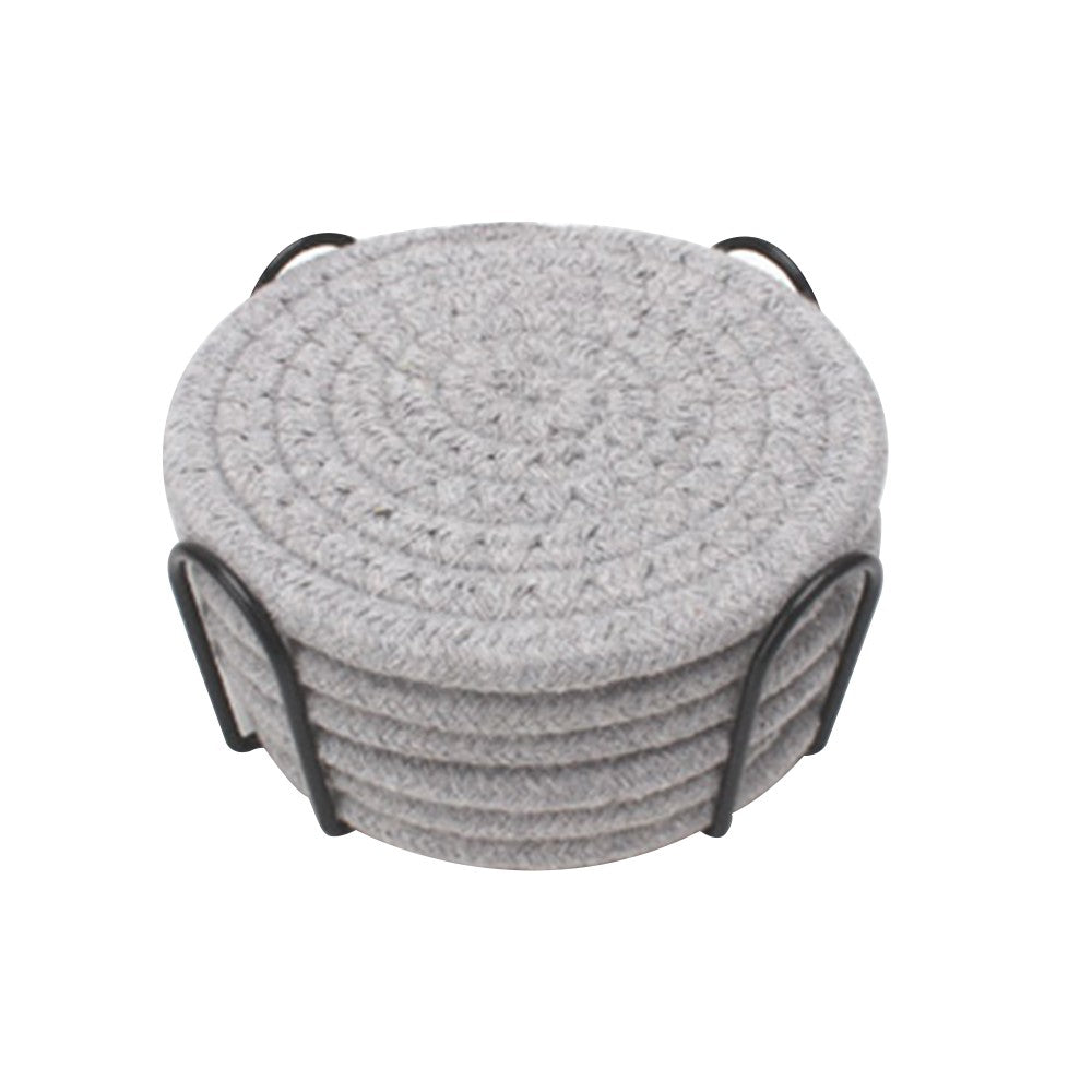 6Pcs Braided Drink Coasters Absorbent Coffee Cup Mats with Holder Light Grey