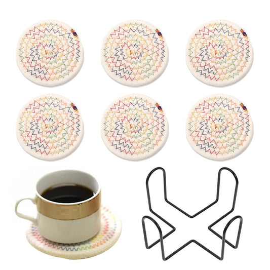 6Pcs Braided Drink Coasters Absorbent Coffee Cup Mats with Holder Multicolor