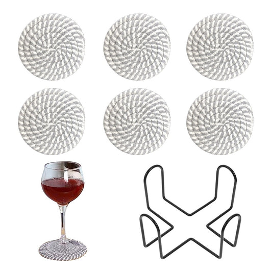 6Pcs Braided Drink Coasters Absorbent Coffee Cup Mats with Holder