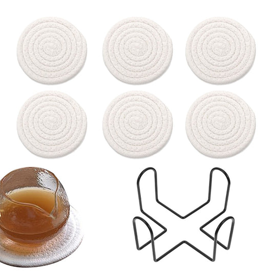 6Pcs Braided Drink Coasters Absorbent Coffee Cup Mats with Holder White