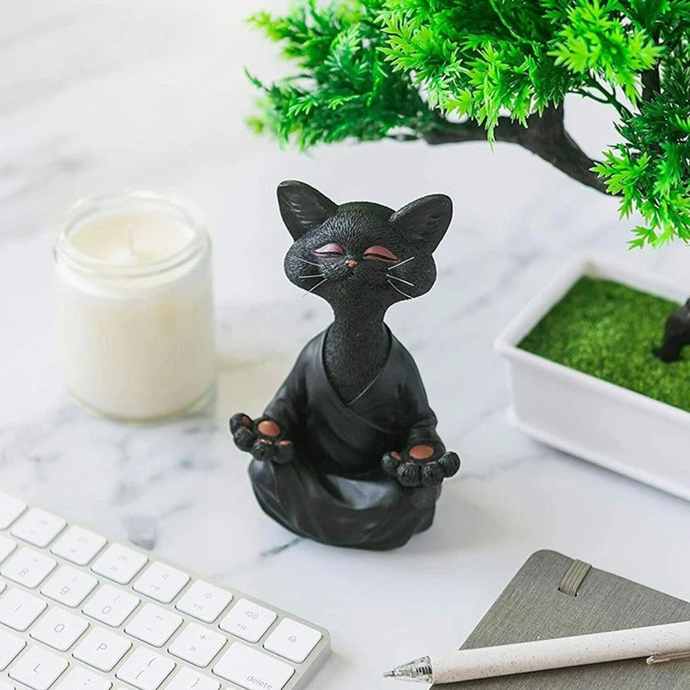 18cm Happy Cat Buddha Figurine Meditation Cat Statue Home Decoration Ornament Black