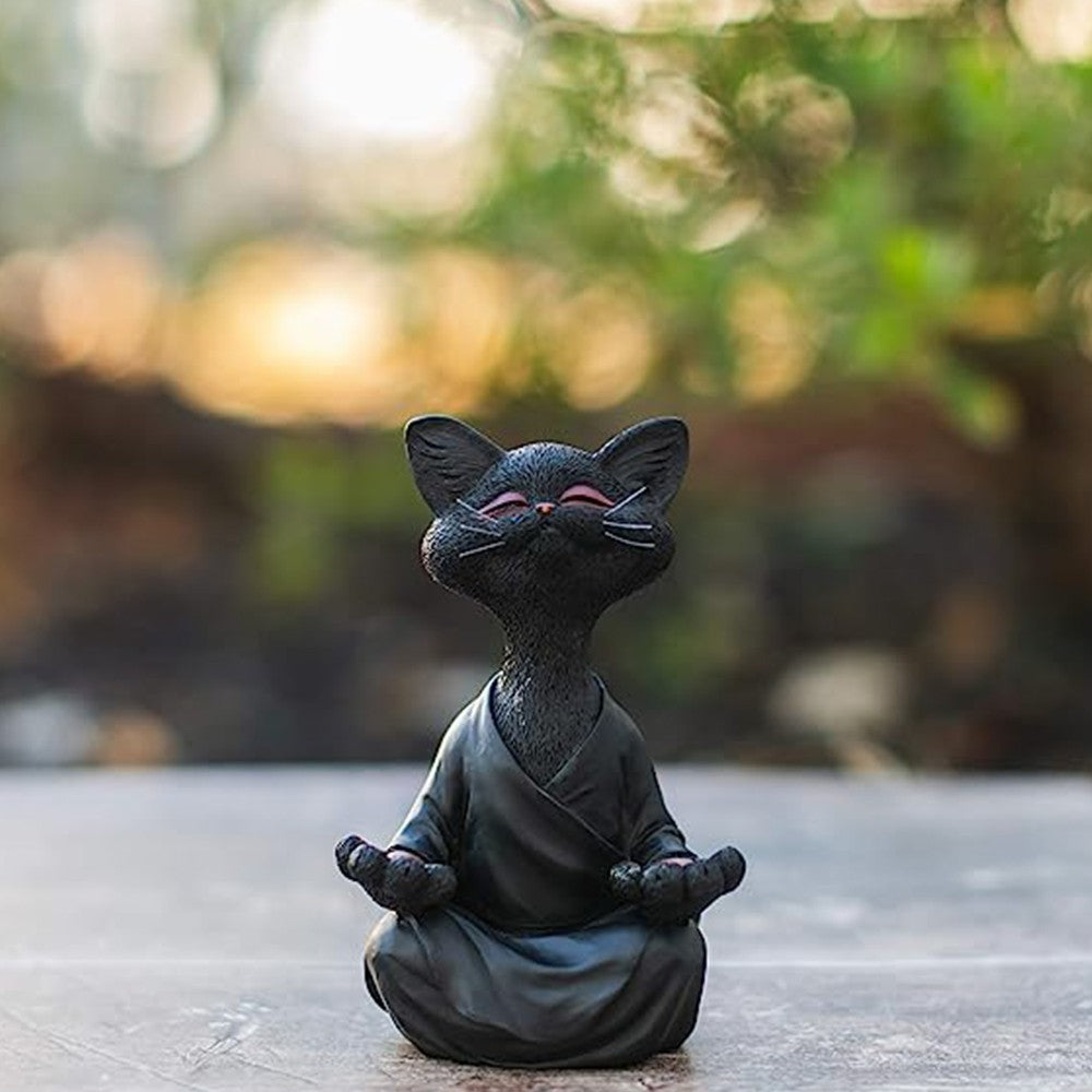 18cm Happy Cat Buddha Figurine Meditation Cat Statue Home Decoration Ornament Black