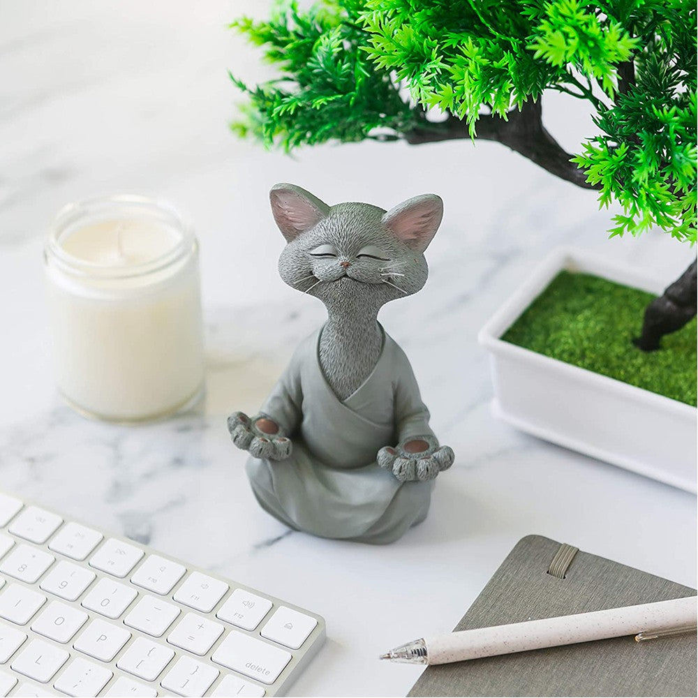 18cm Happy Cat Buddha Figurine Meditation Cat Statue Home Decoration Ornament Grey