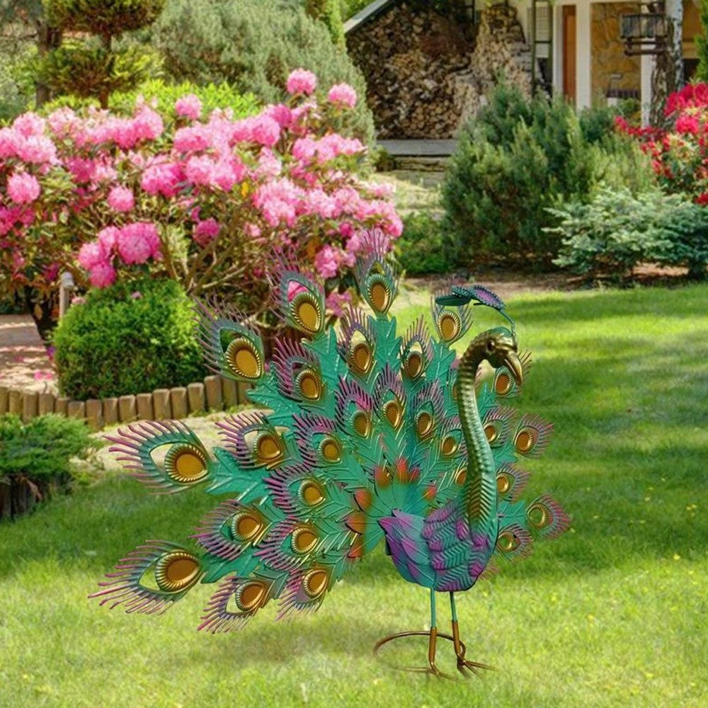 Metal Peacock Outdoor Sculpture Garden Animal Statue Lawn Art Ornament Green