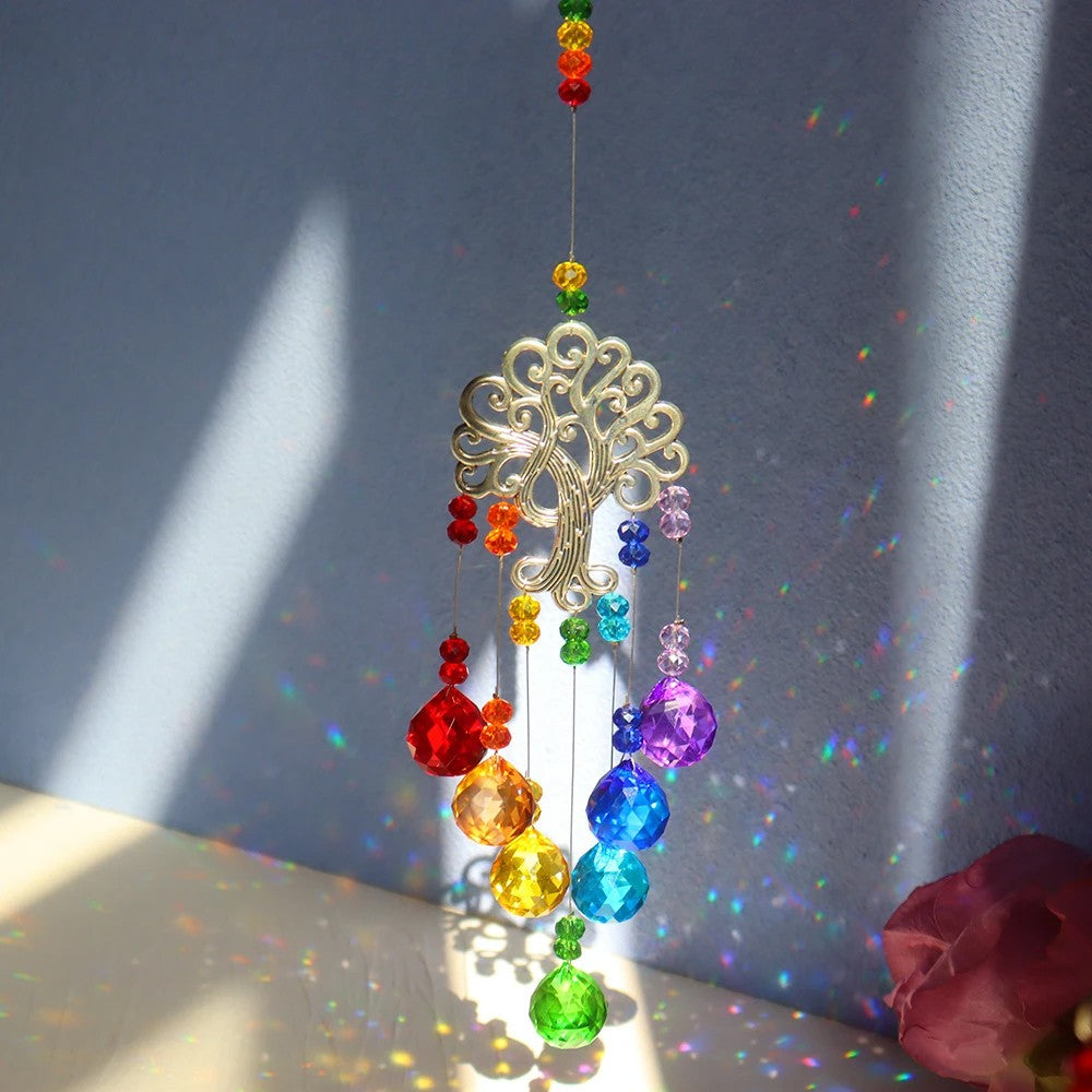 Hanging Suncatcher Colorful Glass Ball Prism Tree of Life Pendant Rainbow Makers Window Decor