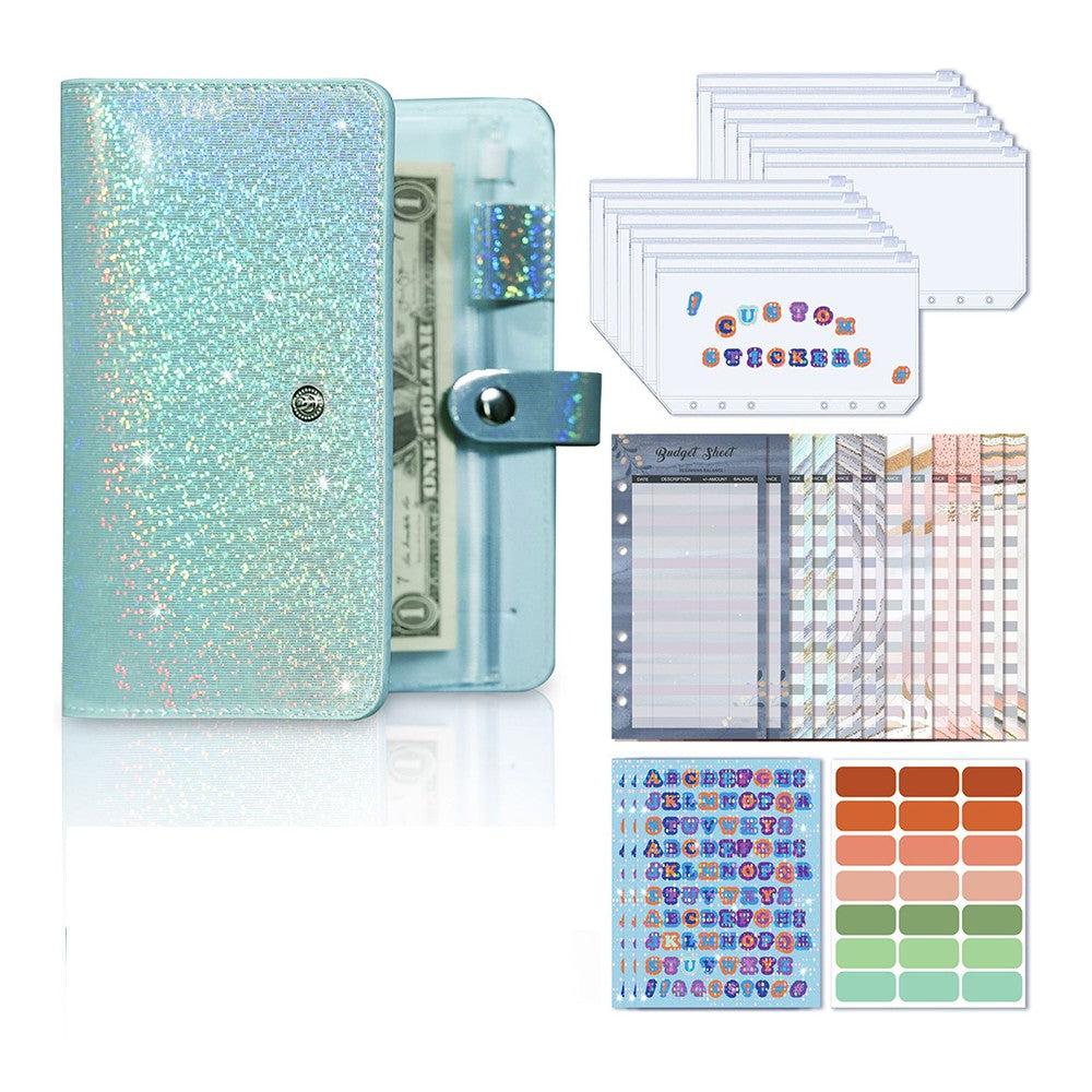 A6 PU Leather Budget Binder Notebook Cash System Organizer Planner with Zipper Pockets Cyan