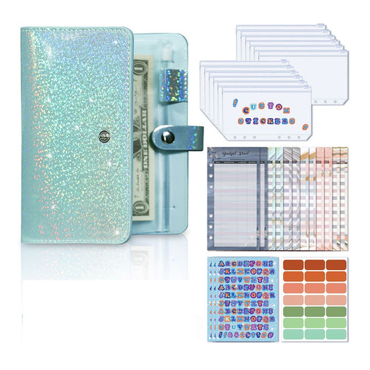 A6 PU Leather Budget Binder Notebook Cash System Organizer Planner with Zipper Pockets Cyan