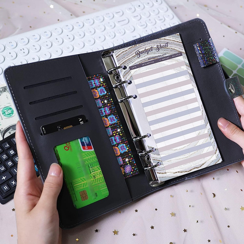 A6 PU Leather Budget Binder Notebook Cash System Organizer Planner with Zipper Pockets Grey
