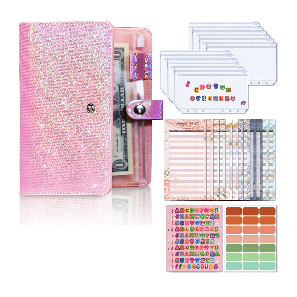 A6 PU Leather Budget Binder Notebook Cash System Organizer Planner with Zipper Pockets Pink