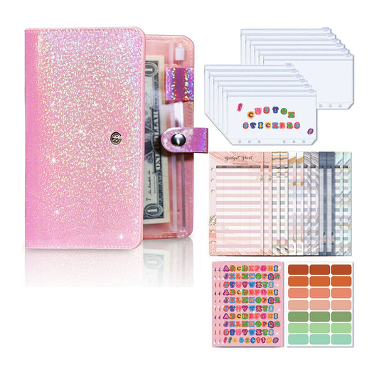 A6 PU Leather Budget Binder Notebook Cash System Organizer Planner with Zipper Pockets Pink