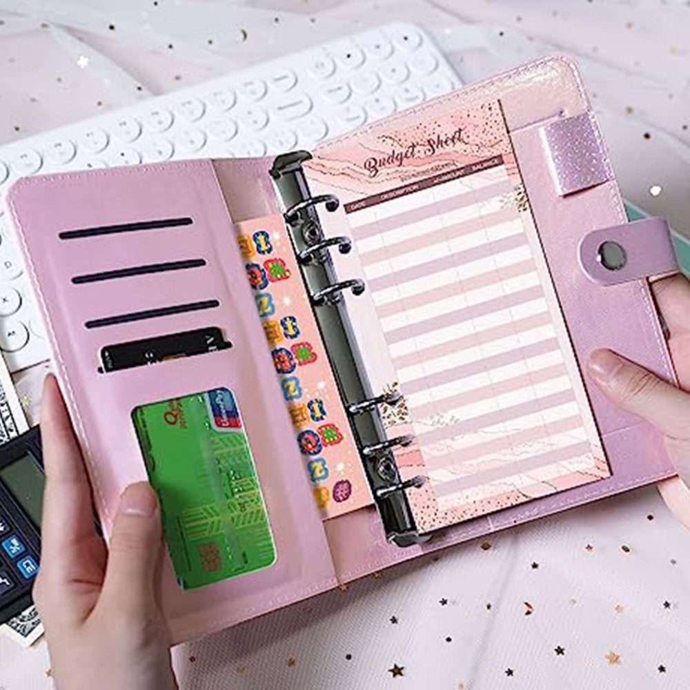 A6 PU Leather Budget Binder Notebook Cash System Organizer Planner with Zipper Pockets Pink