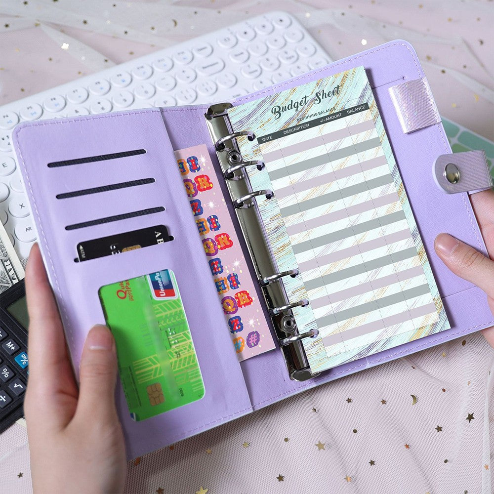 A6 PU Leather Budget Binder Notebook Cash System Organizer Planner with Zipper Pockets Purple