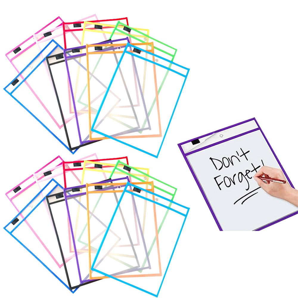 20Pcs Reusable Clear Dry Erase Pocket Sleeves with Pen Sleeves Student Study Supplies