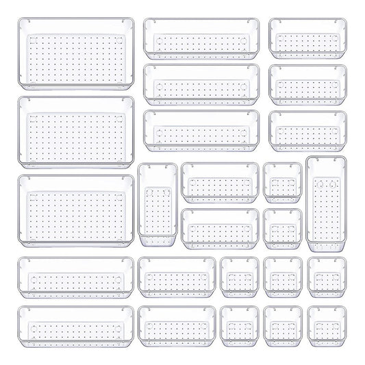 25Pcs Clear Plastic Drawer Organizers Set Bathroom Vanity Storage Trays