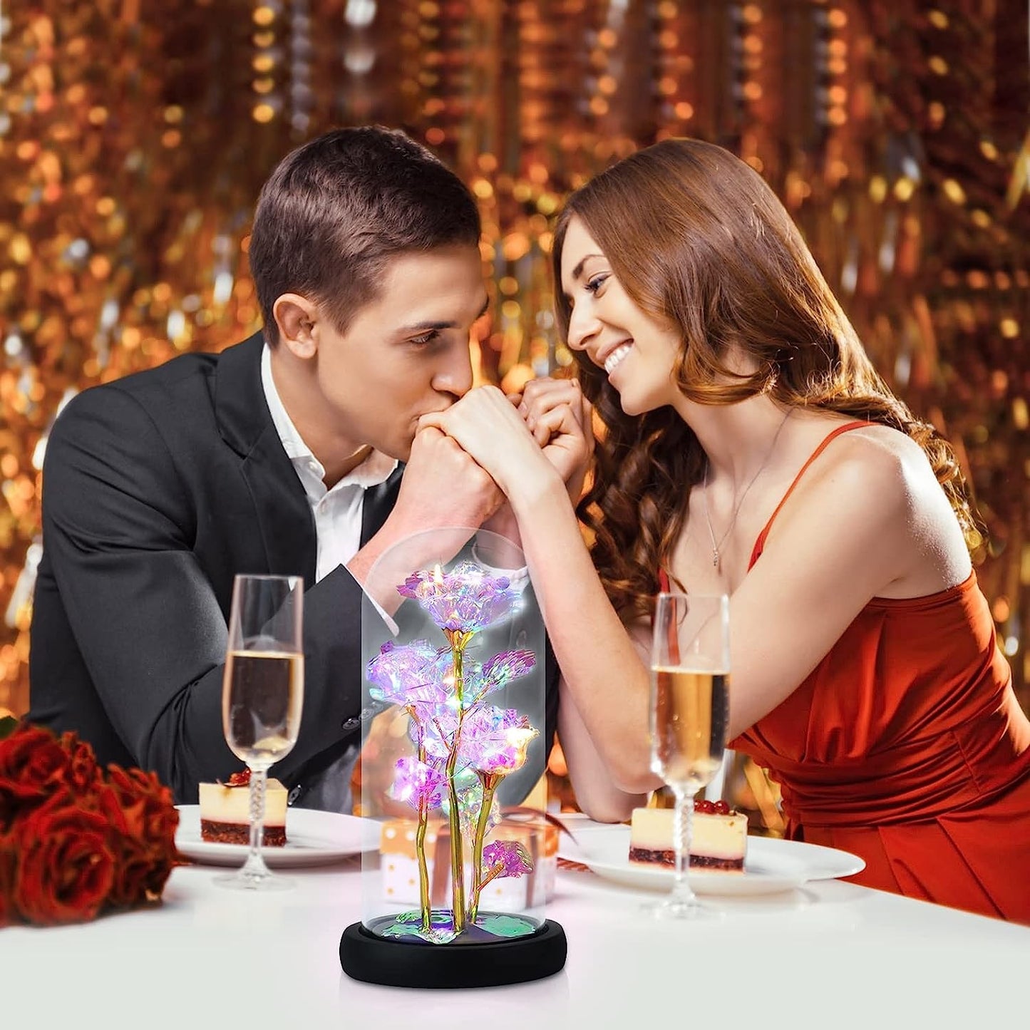 Forever Rose in Glass Dome with LED Light Rose Ornament for Women Girls Multicolor Light