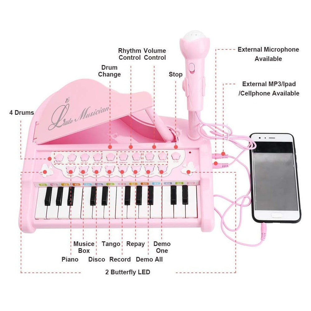 24 Keys Kids Piano Toy Toddlers Keyboard Instrument Toy with Microphone Pink