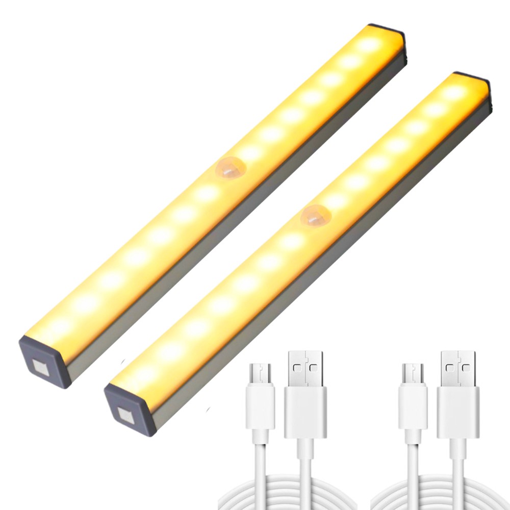 2Pcs 50cm Under Closet LED Motion Sensor Light Rechargeable Dimmable Cabinet Lamp Warm Light
