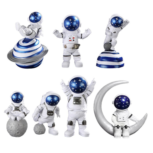 7-Piece Astronaut Figurine Miniature Spaceman Statue Sculpture Desktop Decor Ornament Blue