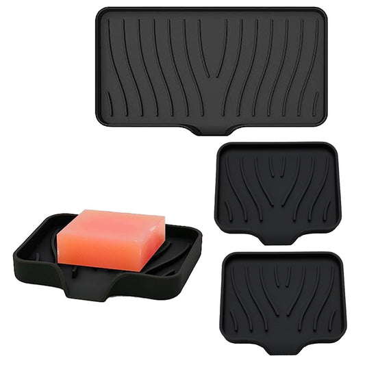 3Pcs Silicone Soap Dish Self Draining Soap Tray Non-Slip Soap Holder for Bathroom Kitchen Black