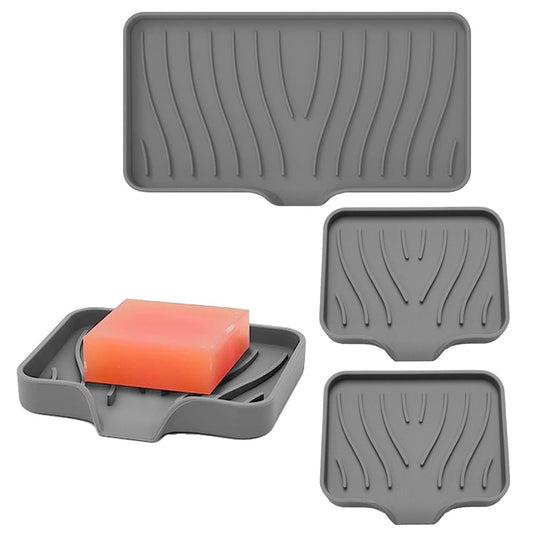 3Pcs Silicone Soap Dish Self Draining Soap Tray Non-Slip Soap Holder for Bathroom Kitchen Grey