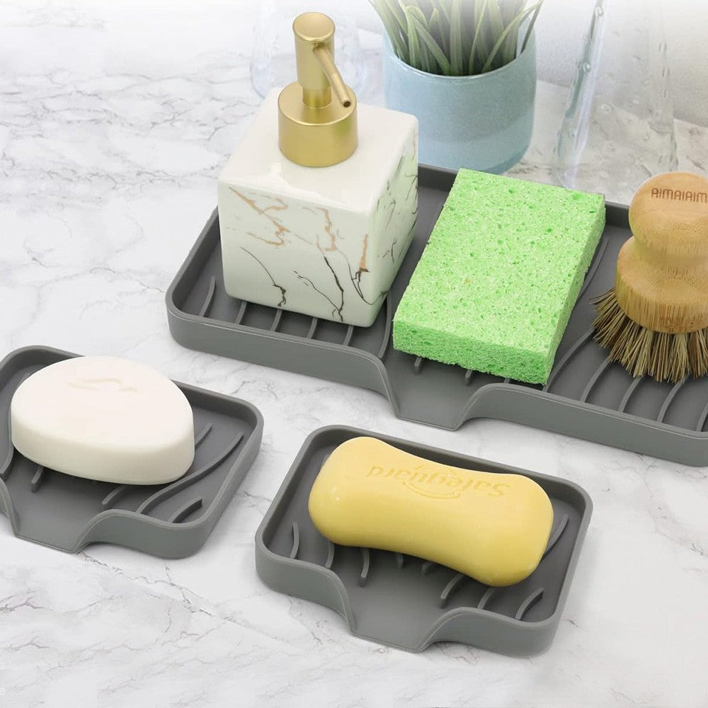 3Pcs Silicone Soap Dish Self Draining Soap Tray Non-Slip Soap Holder for Bathroom Kitchen Grey