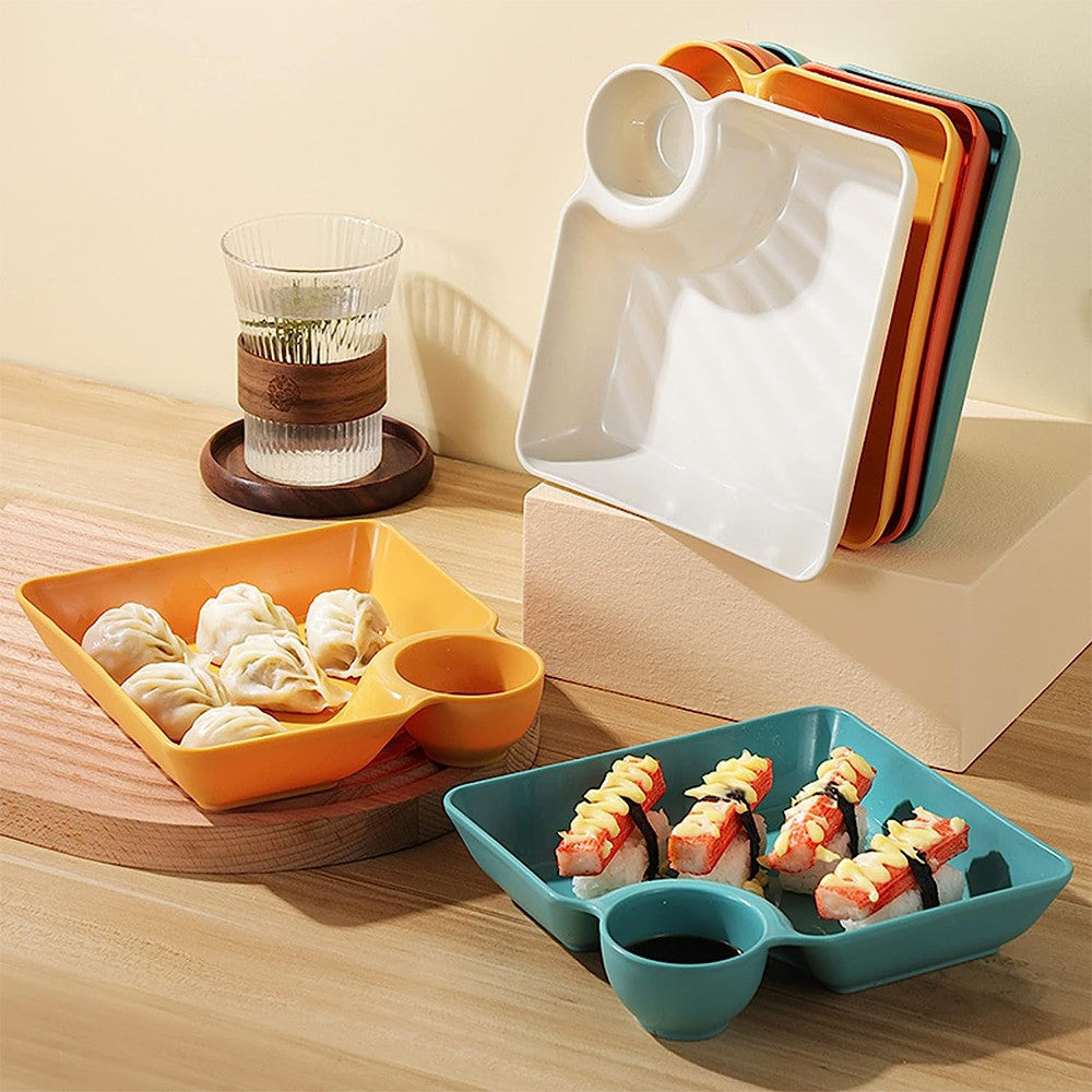 4Pcs Reusable Plastic Serving Platter Divided Snack Tray Dumpling Plate with Sauce Holder