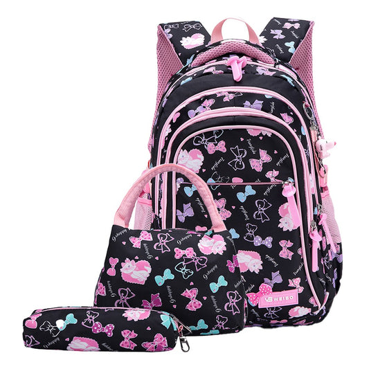 3-Piece Girls School Backpack Pencil Bag Kids School Bags Black
