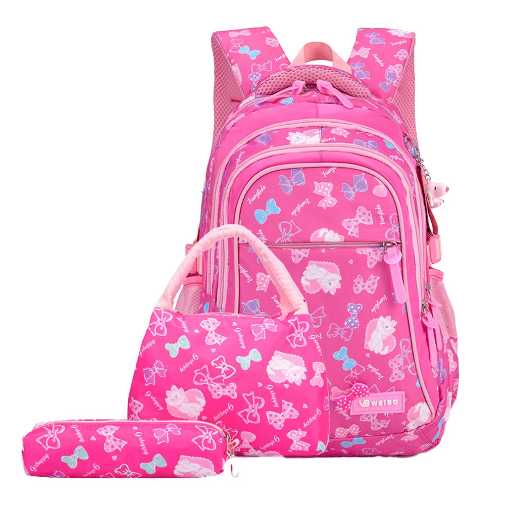 3-Piece Girls School Backpack Pencil Bag Kids School Bags Rose Red