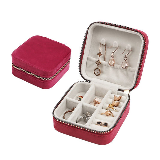 Portable Travel Jewelry Case Mini Velvet Jewelry Storage Box Organizer Rose Red