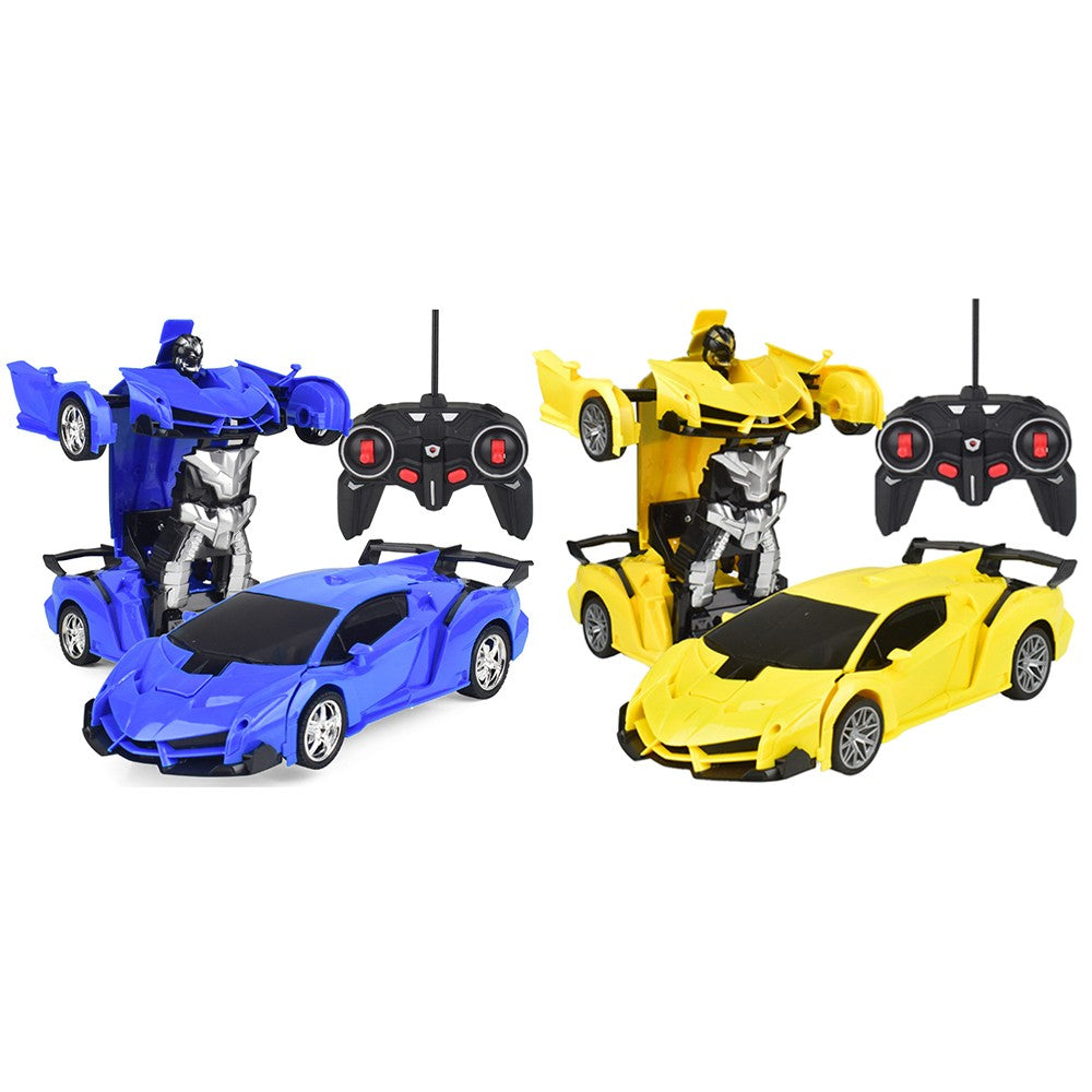 2Pcs Remote Control Car Toy Transform Robot Toy Kids RC Car Blue and Yellow