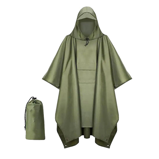3-in-1 Adult Hooded Rain Poncho Water-resistant Unisex Raincoat Jacket Army Green