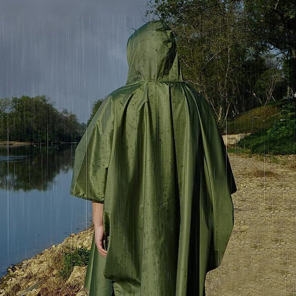 3-in-1 Adult Hooded Rain Poncho Water-resistant Unisex Raincoat Jacket Army Green