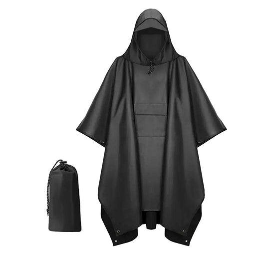 3-in-1 Adult Hooded Rain Poncho Water-resistant Unisex Raincoat Jacket Black