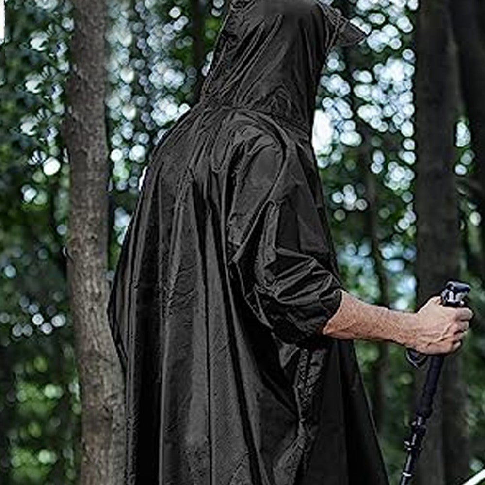 2Pcs 3-in-1 Adult Hooded Rain Poncho Water-resistant Unisex Raincoat Jacket Black+Blue
