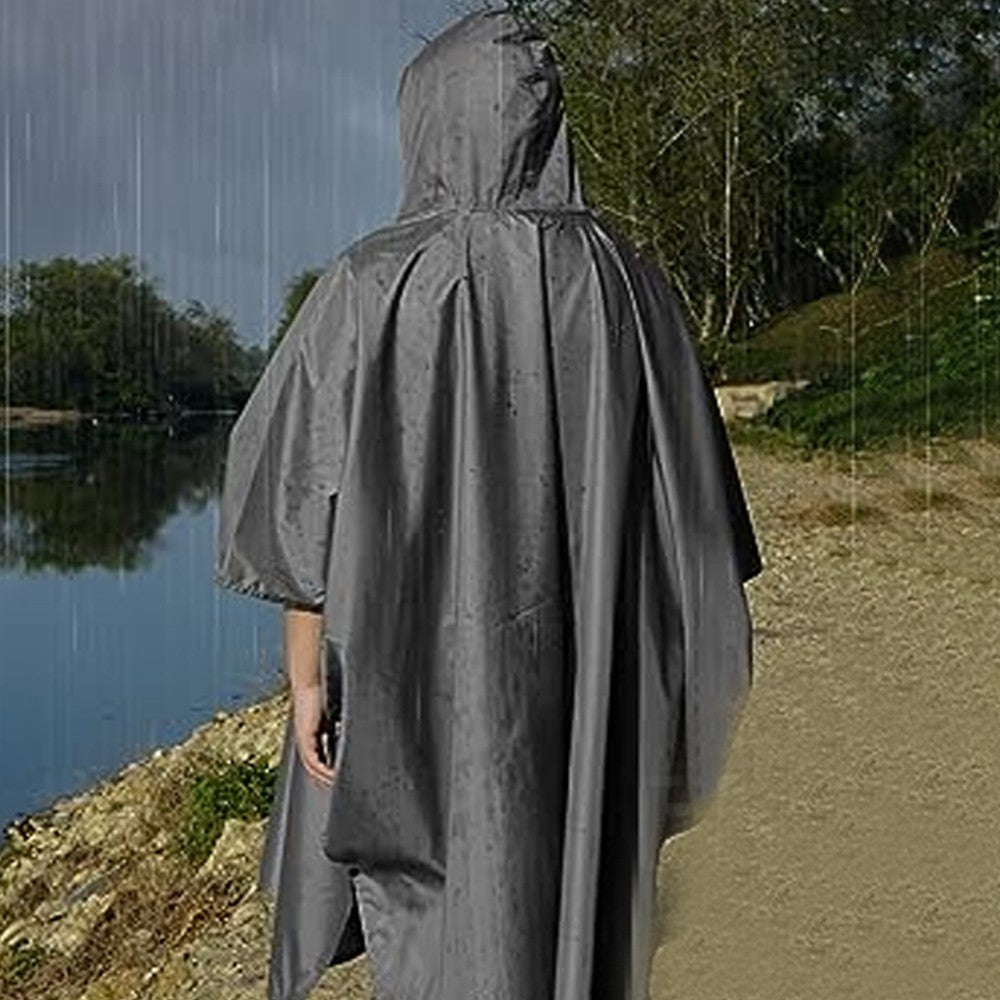 3-in-1 Adult Hooded Rain Poncho Water-resistant Unisex Raincoat Jacket Grey