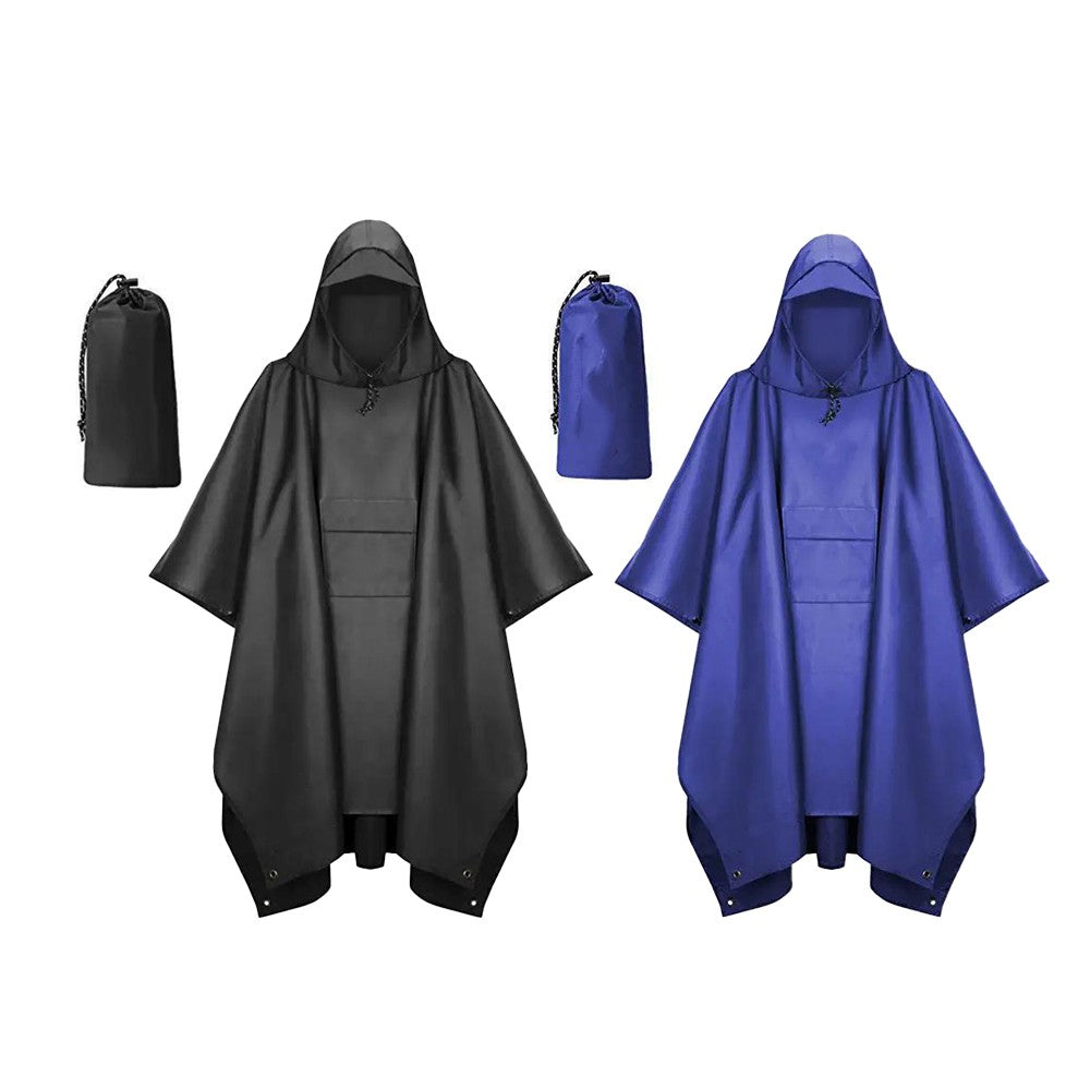 2Pcs 3-in-1 Adult Hooded Rain Poncho Water-resistant Unisex Raincoat Jacket Black+Blue