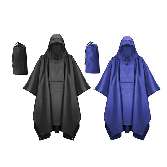 2Pcs 3-in-1 Adult Hooded Rain Poncho Water-resistant Unisex Raincoat Jacket Black+Blue