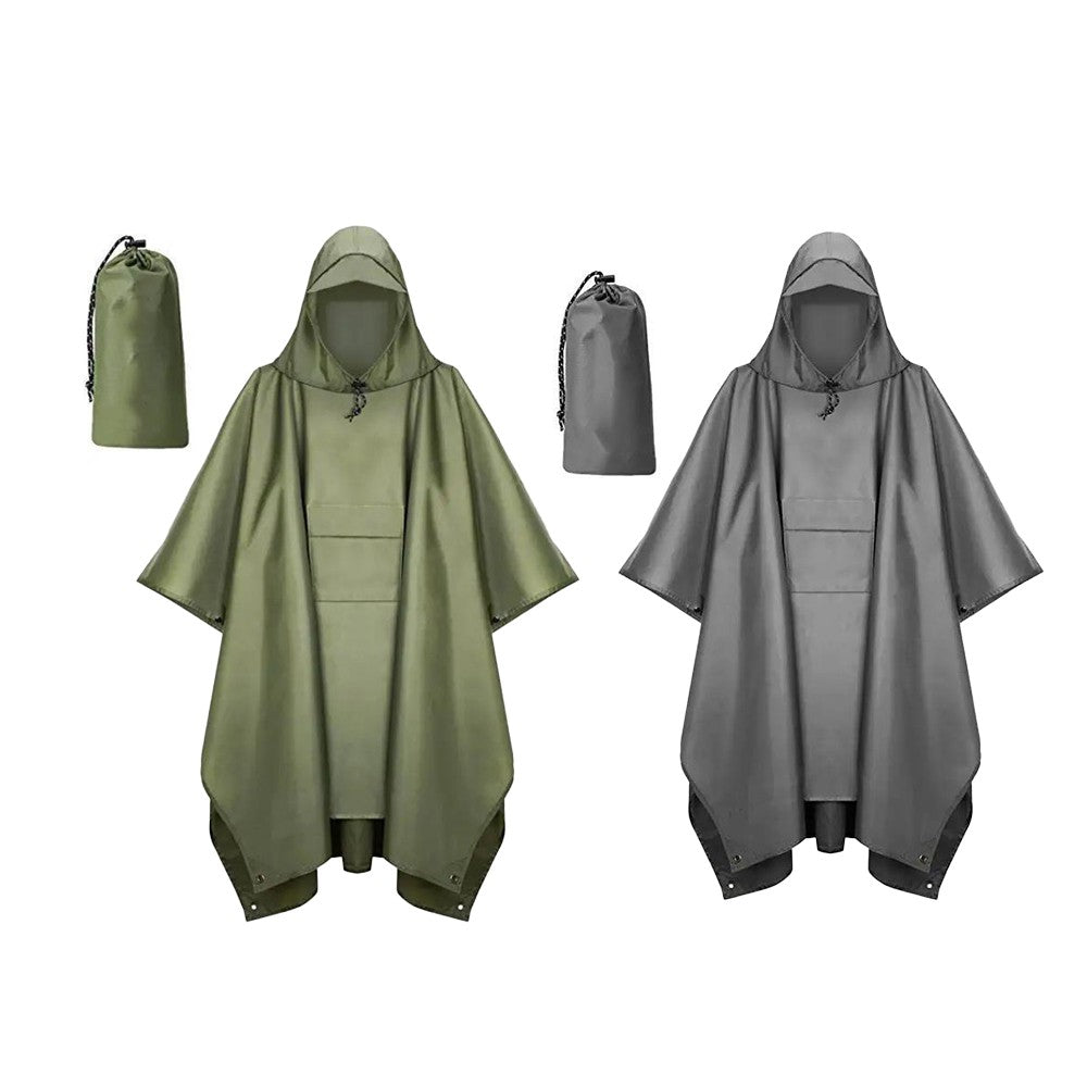 2Pcs 3-in-1 Adult Hooded Rain Poncho Water-resistant Unisex Raincoat Jacket Army Green+Grey