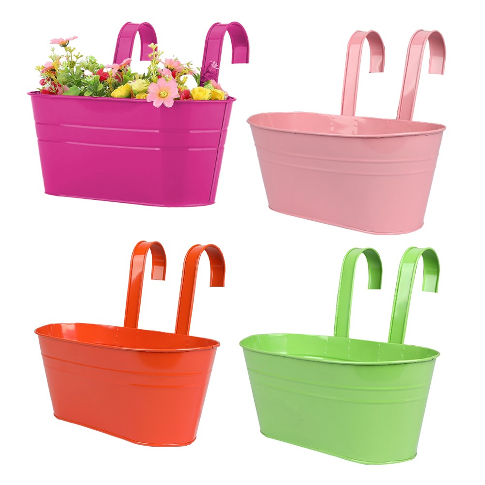 4Pcs Oval Metal Hanging Flower Pot Planter Flowerpot Bucket with Detachable Hook