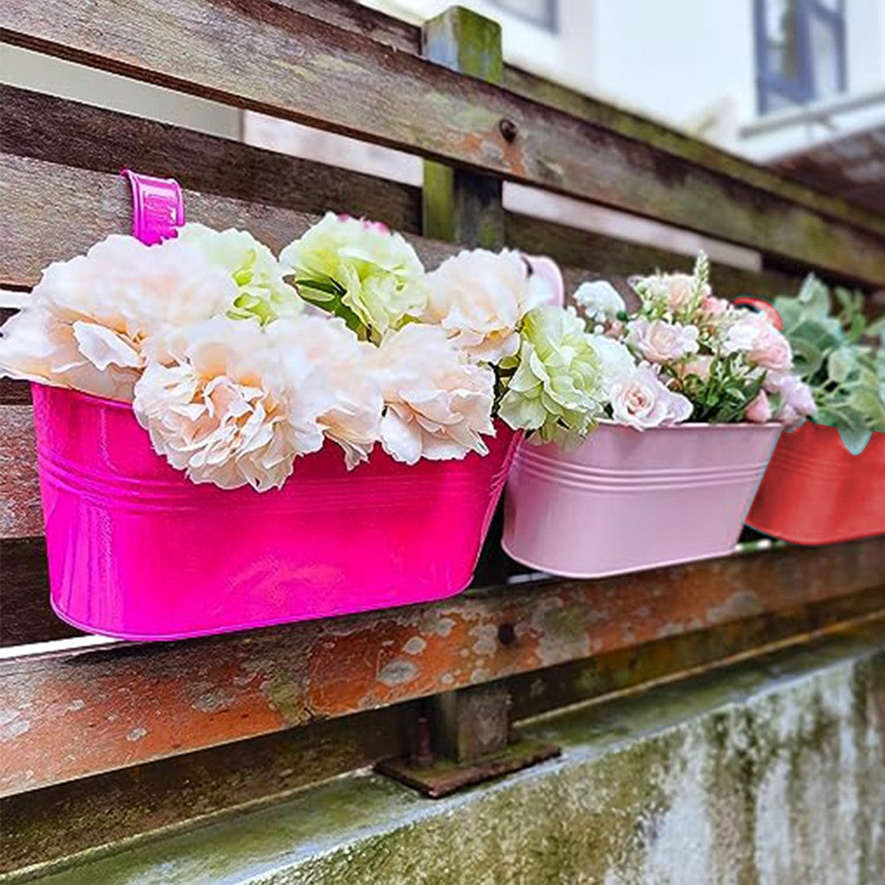 8Pcs Oval Metal Hanging Flower Pot Planter Flowerpot Bucket with Detachable Hook