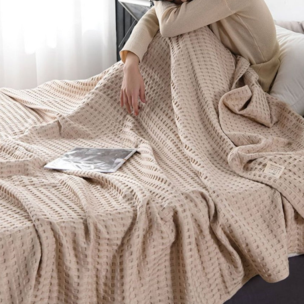 150x200cm Waffle Weave Blanket Cozy and Soft Pure Cotton Woven Blanket Khaki