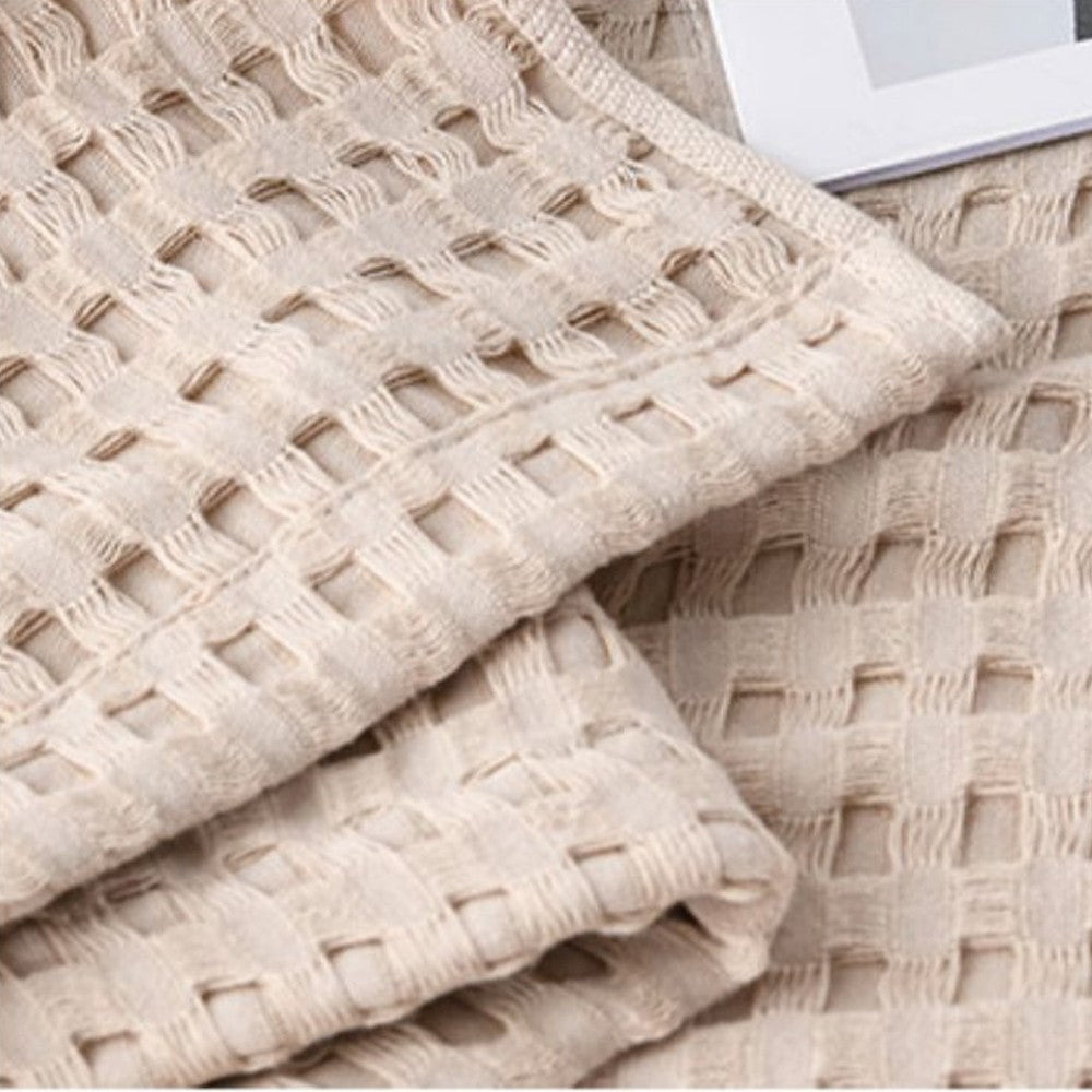 150x200cm Waffle Weave Blanket Cozy and Soft Pure Cotton Woven Blanket Khaki