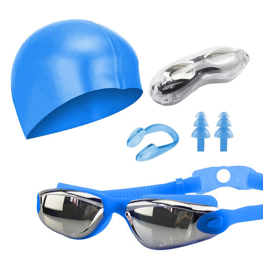 Adults Swim Goggles Set Swimming Cap Anti Fog Swimming Goggles Blue