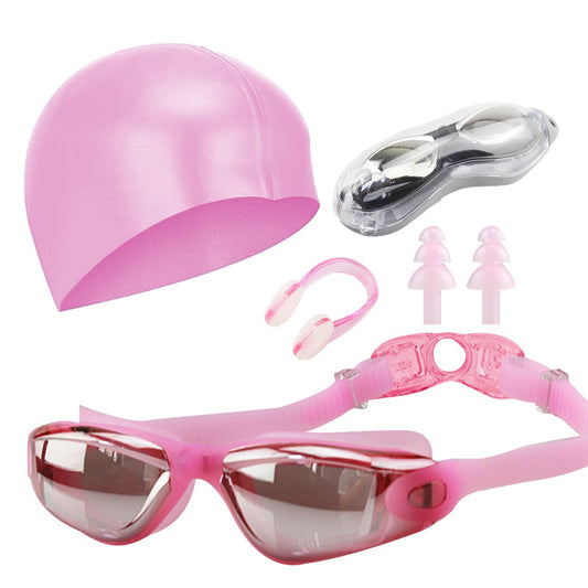 Adults Swim Goggles Set Swimming Cap Anti Fog Swimming Goggles Pink