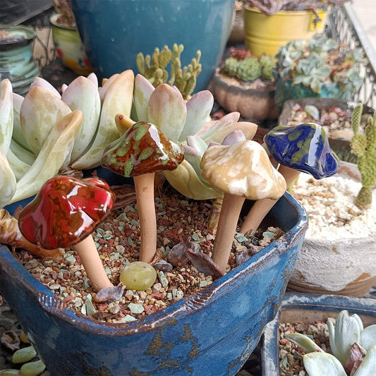 4Pcs Ceramic Mushroom Statue Figurine Potted Ornaments Garden Decor