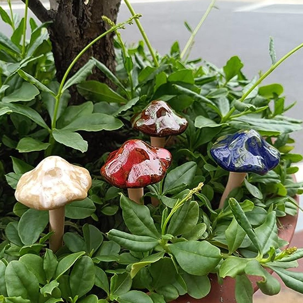 4Pcs Ceramic Mushroom Statue Figurine Potted Ornaments Garden Decor