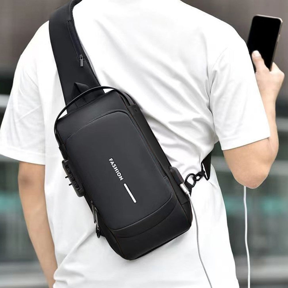 Mens Water-Resistant Anti-Theft Lock Sling Chest Bag with USB Charge Port Crossbody Black