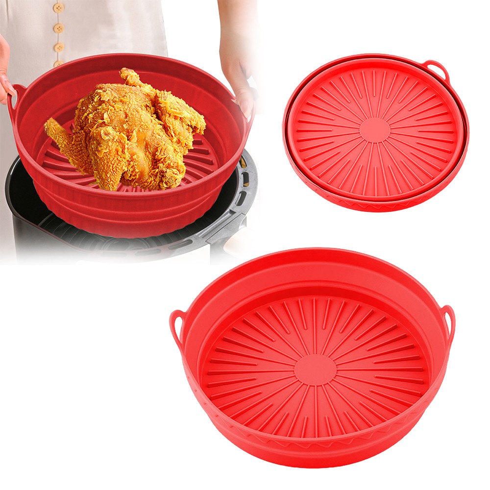 20.5cm Round Foldable Air Fryer Silicone Pot Baking Tray Oven Basket Mat Red