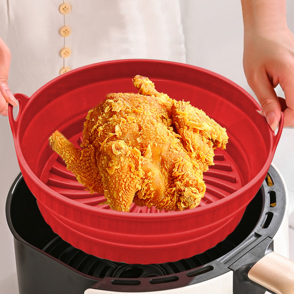 24cm Round Foldable Air Fryer Silicone Pot Baking Tray Oven Basket Mat Red